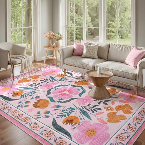 Beeiva Pink Rug 8 x 10 Rug for Living Room, Soft Washable Area Rugs Ultra Thin with Low Plie, Flower Large Non Slip Throw Carpet for Bedroom Nursery Playroom Classroom Décor (Pink,8'x10) - color: Pink, size: 8' x 10' (Rectangular)