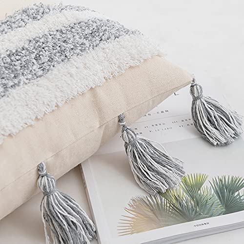 Boho Throw Pillow Cover Tufted Woven Decorative Pillowcase with Tassel Accent Square Farmhouse Stripe Cushion Cover for Sofa Bed Living Room (Gray,18x18 Inch) - color: Gray, size: 18" x 18" (Pack of 1)