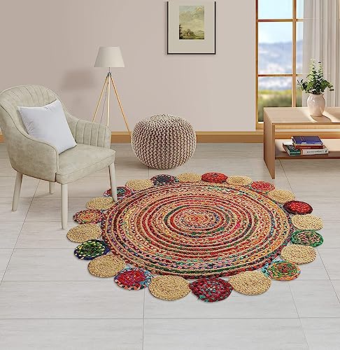 GRUHUM Round Jute Area Rug 7'ft Natural Handwoven Cotton Multi Chindi Boho Colorful Rustic Vintage Soft Braided Reversible Bohemian Rug- Indoor Outdoor Kitchen Bedroom Living Hallways 7'ft Circle - color: Multi Color- 11, size: 7' (Round)