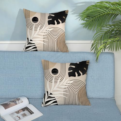 Boho Pillow Covers 16x16 Set of 2 Mid Century Black Beige Tropical Leaf Throw Pillow Covers Outdoor Decor Modern Abstract Line Decorative Pillowcase Farmhouse Linen Cushion Case For Couch Sofa - color: Black-mid-century 1, size: 16" x 16" (Pack of 2)