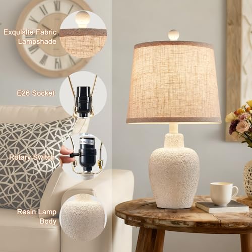 Table Lamps for Bedroom Set of 2 Farmhouse Table Lamps for Living Room 21" Rustic Cottage Jar-Shaped Bedside Lamp for Nightstand with Natural Beige Finish,Bulbs Not Included - color: White