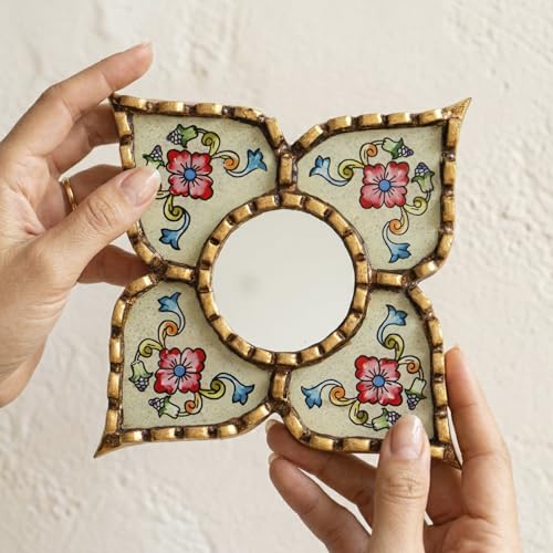 Peruvian Mirrors Diamond Shaped Painted Glass Bronze Beige | Small artisan mirror, luxury wall decor accents, unique wedding gifts, meticulously handcrafted by UNESCO awarded artist. - color: Beige