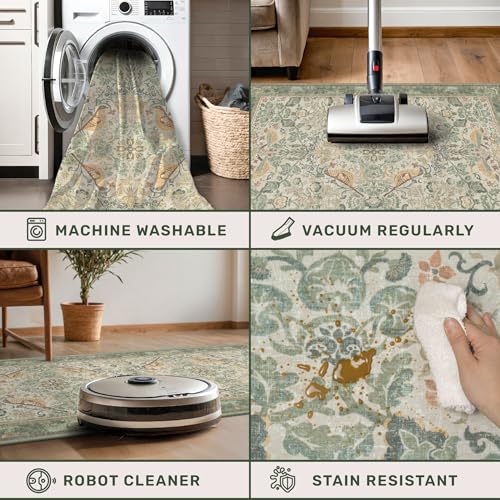 Washable Sage Green Floral Rugs for Entryway - Small 2x4 Runner Rug for Kitchen Bathroom Door Mat Indoor Entrance with Bird & Botanical Pattern, Light Green and Beige, Non Slip Low Pile - color: Sage Green, size: 2' x 4' (Rectangular)