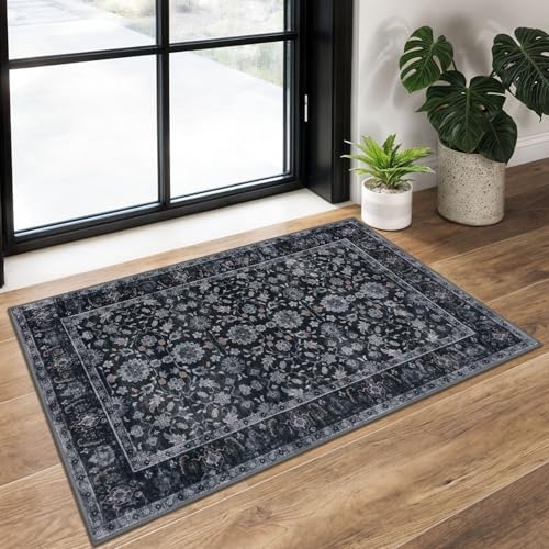 KUTA Vintage Floral Entryway Rug 2x3, Kitchen Area Rugs Non-Slip Washable Throw Rug, Black Grey Orange Ultra Thin Soft Print Front Door Mat Indoor Doormat for Entrance, Bedside, or Small Spaces - color: Black Grey Orange, size: 2' x 3' (Rectangular)