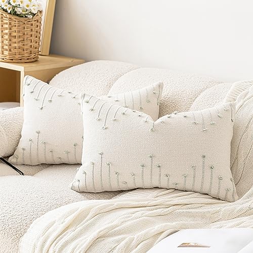 LILEPOY Boho Throw Pillow Covers 12x20 Set of 2 Neutral Decorative Textured Cushion Case Farmhouse Pillowcase Modern Lumbar Pillow Covers for Sofa,Couch, Living Room,Beige and Green - color: Beige and Green, size: 20" x 12" (Pack of 2)
