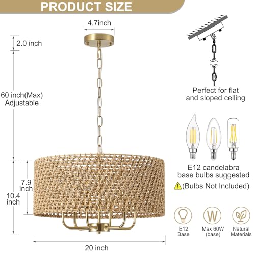 20" Large Boho Rattan Chandeliers for Dining Room, 6-Light Rattan Hand-Woven Drum Wicker Farmhouse Chandelier Large Vintage Chandelier Pendant Light Fixture for Kitchen Island Entryway(Gold) - color: B-Gold 6-Light 20" Drum