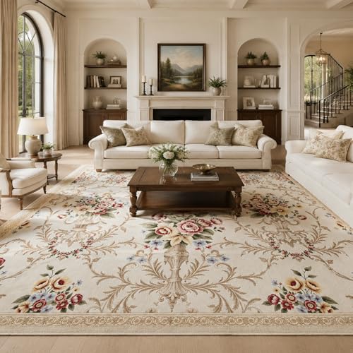 Helthep Washable Vintage Floral Area Rug 8x10, Ultra Soft Faux Wool Low Pile Rug, Non-Slip Backing,Soft Farmhouse Boho Cream Rug for Bedroom Dining Room Home Office, Pet & Kid Friendly - color: White, size: 8' x 10' (Rectangular)