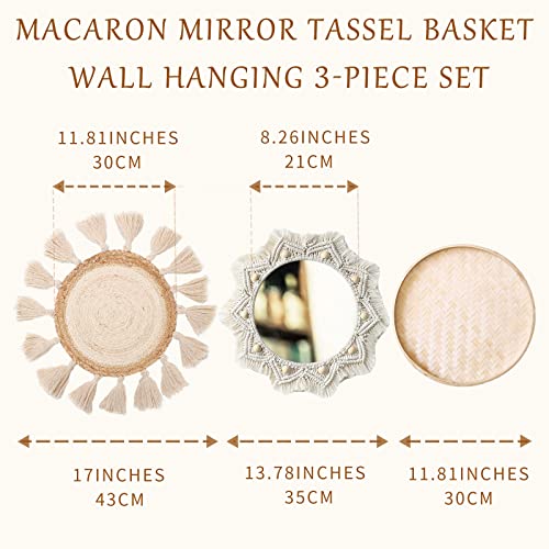 Boho Wall Basket Decor Set - Flat Woven Macrame Tapestry, Mirror White Round Tassels, Handmade Rattan Wicker Seagrass Wall Basket - color: White, size: Style 3