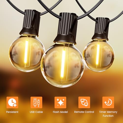 OHLUX 30FT Solar String Lights Outdoor, Waterproof Solar Patio Lights with Remote, 17 Shatterproof LED Filament G40 Globe Bulbs, 2200K Soft White, Dimmable Outside Hanging Light for Backyard Deck - size: 35FT