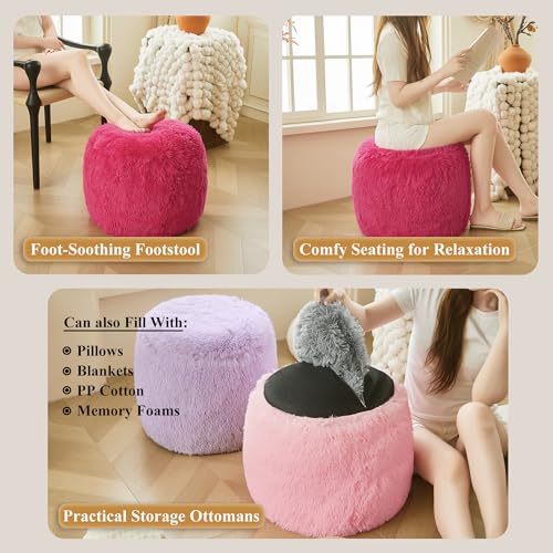 XeGe Fluffy Faux Fur Inflatable Pouf Ottoman, Soft Fuzzy Foot Stool Anti-Slip, Plush Foldable Foot Rest Floor Pouf for Kids Girls Adult, Cute Round Ottoman Cushion Living Room Bedroom, Hot Pink - color: Hot Pink, size: 20"x20"x16"