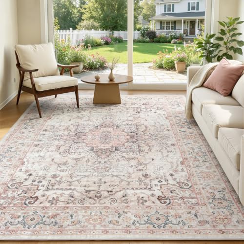 5x7 Dusty Pink Area Rugs for Living Room - Vintage Light Pink Boho Medallion Aesthetic Distressed Washable Rug, Soft Non-Slip Backing Low Pile Carpet for Nursery, Lounge, Bedroom Foot of Bed - color: Dusty Pink, size: 5' x 7' (Rectangular)
