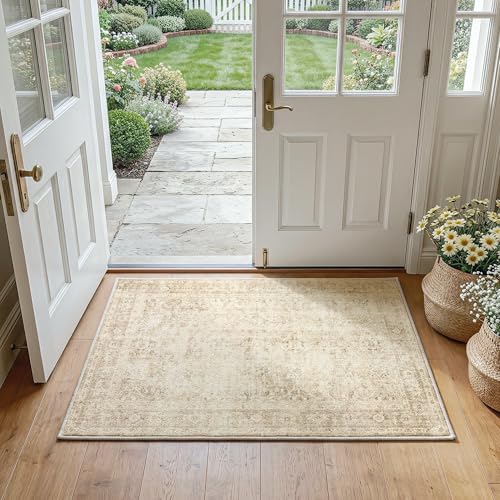 FMFUNCTEX Entryway Rug 2x3 Beige Washable Neutral Vintage Distressed Oriental Door Mat Non Slip Low Pile Indoor Carpet Soft Retro Small Throw Area Rugs for Entry Entrance Bedroom Kitchen Bathroom - color: Beige, size: 2' x 3' (Rectangular)
