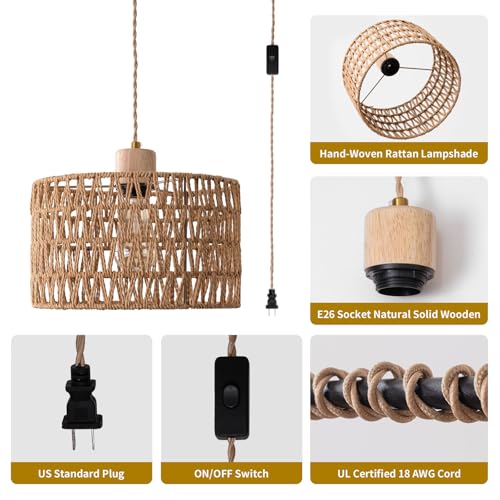 Plug in Pendant Light with Hand Woven Rattan Lampshade, Hanging Lamp with 15 FT Rope Cord On/Off Switch, Boho Pendant Light Fixture for Living Room Bedroom Kitchen Island Dinning Table - color: Brown