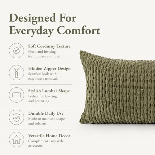 JoraLion 14x36 Boho Decorative Lumbar Throw Pillow Cover, Olive Green Cozy Soft Striped Corduroy Long Rectangle Cushion Case Accent Home Decor for Sofa Bed Room Livingroom, ONLY Cover - color: Olive Green, size: 36" x 14" (Pack of 1)