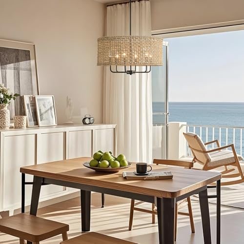 6-Light Rattan Chandelier for Dining Room, Boho Chandelier, Coastal Hand Woven Pendant Light Fixture for Kitchen Island Entryway Foyer Living Room Bedroom UL Listed Black - color: Black, size: 21.65"