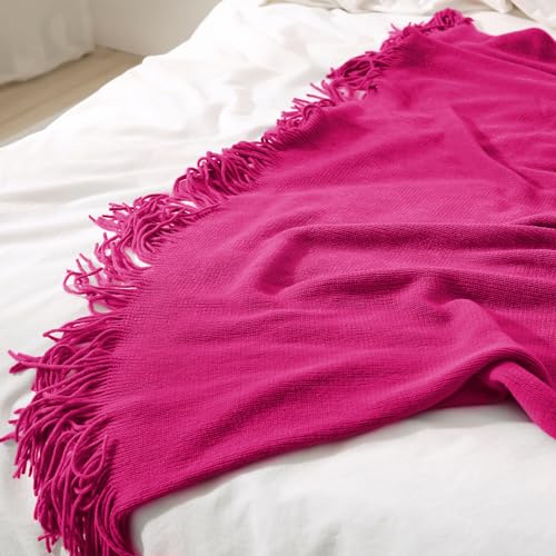 Homiest Decorative Knitted Throw with Fringe, Lightweight Acrylic Knit Blanket, Soft & Cozy Tassel for Couch Sofa Bed (Dark Pink, 50 x 60 Inch) - color: Fuschia, size: 50" x 60"