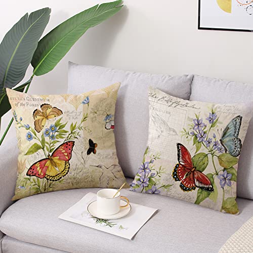 wyooxoo Farmhouse Pillow Covers 18x18 Set of 4 Spring Summer Throw Pillow Covers Linen Flower Butterfly Bird Decorative Pillowcases for Sofa Couch Living Room Outdoor - color: Color C, size: 18" x 18" (Pack of 4)