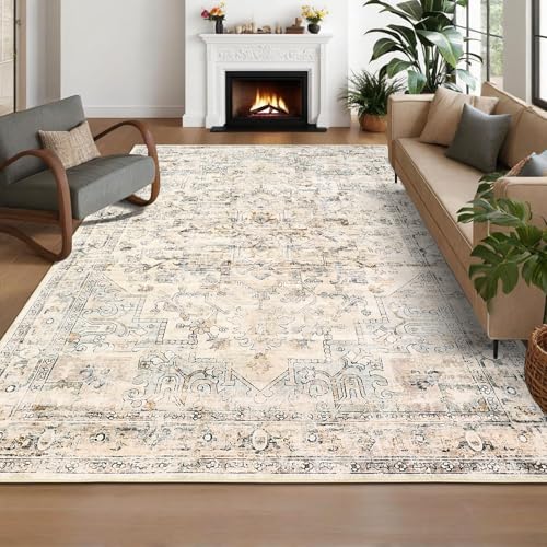 GarveeHome 8x10 Area Rugs for Living Room Non Slip Vintage Washable Rug Floral Distressed Rugs Faux Wool Carpet Farmhouse Bedroom Rug Indoor Floor Caroet Beige - color: Beige, size: 8' x 10' (Rectangular)