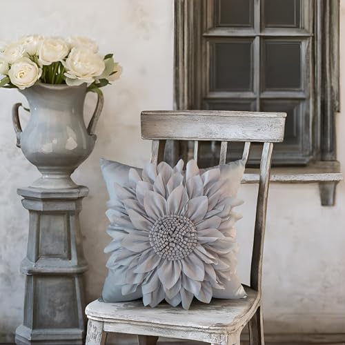 Bella's Giftshop 3D Sunflower Decorative Throw Pillow Covers for Bed Sofa Couch Chair, Accent Floral Taffeta Cushion Cover, Handmade Pillow Cases Living Room Decor, 17x17 Inch-Silver Gray - color: Gray