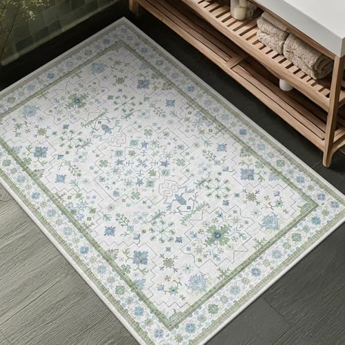 Washable Boho Bathroom Rug 2x3 - Small Throw Area Rugs for Powder Room, Laundry, Kitchen, Blue and Green Oushak Modern Eclectic Geometric Floral Pastel Decor, Low Pile Non-Slip Stain Resistant - color: Cream Green, size: 2' x 3' (Rectangular)