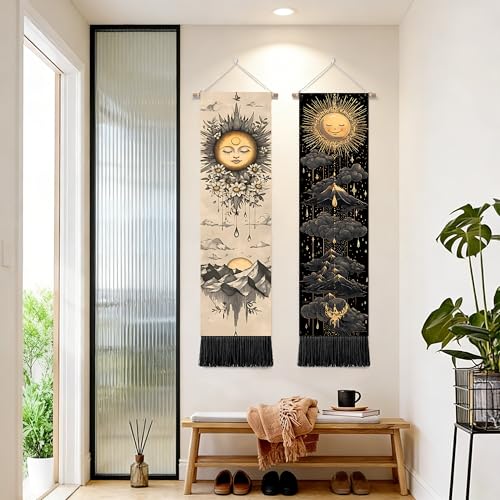 seewan 2 Pack Long Vertical Wall Tapestry, Boho Nature Landscape & Floral Aesthetic Wall Hanging for Bedroom Living Room Home Decor, Long Narrow Art Tapestry with Sunrise Mountain Botanical Designs, 13" × 51" (Celestial Sun Motif, 13"Wx51"H, Unframed) - c