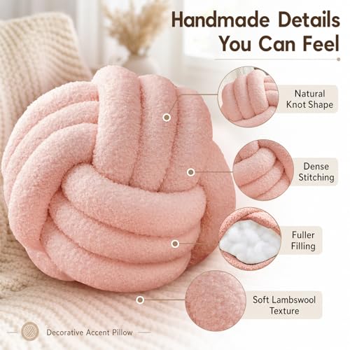 Petrella Pink Knot Ball Pillow, Handmade Soft Lambswool Round Throw Pillow for Sofa, Bed and Cute Home Decor, Large Knotted Accent Cushion, 13 Inch - color: Pink, size: 13inch