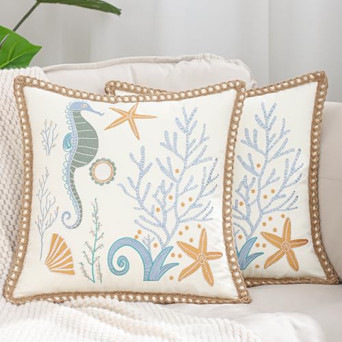LUOYEHK Summer Coastal Throw Pillow Covers 18x18 Inch Set of 2 Tropical Embroidered Pillowcase with Jute Rope Farmhouse Decorative Cushion Covers for Couch Sofa Bed Home Decor, Seahorse Coral - color: Seahorse Coral