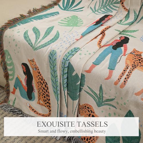 LumiSyne Double-Sided Cotton Woven Throw Blanket with Tassel Jungle Bohemian Style Tapestry Shawl Multi-Function Decorative Throws for Sofa Bed Armchair Camping Blanket Tablecloth Carpet 160x130cm - color: Cheetah Glimpse
