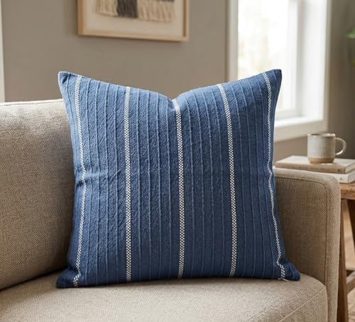 SanVia Cotton Throw Pillow Covers 20x20 – Handwoven Jacquard Texture, Fade-Resistant, No Pilling – Hidden Zipper, Decorative Cushion Cover for Sofa, Couch, Bed – Insert Not Included (Striped, Blue) - color: Navy Blue, size: 20" x 20"