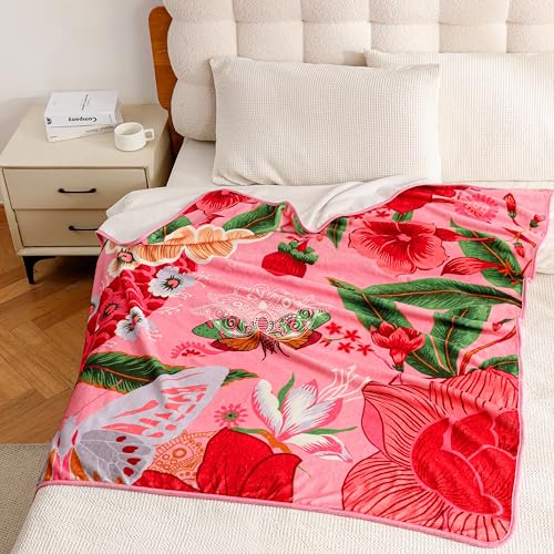 Tyrot Pink Boho Floral Valentine Flannel Fleece Throw Blanket – Soft, Warm & Lightweight Fuzzy Blanket for Couch, Bed, or Sofa Decor, Cute Botanical Design for Women & Girls, 50''x60'' - color: Boho Rose, size: Throw(50''x60'')