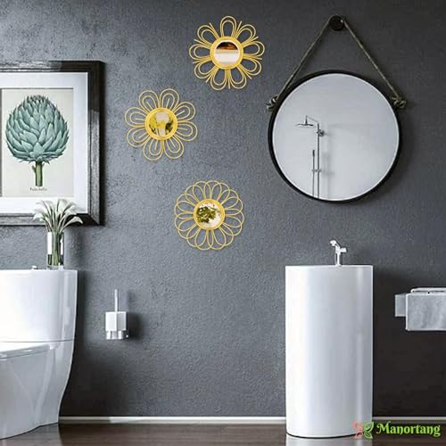 Gold Mirrors 3 Piece, 9 inch Flower-Shaped Mirror Hanging Wall Decor, Valentine Decorative Mirror Wall Art, Round Mirrors for Bedroom,Living Room,Bathroom, House Warming Valentine Gifts - color: Golden-d
