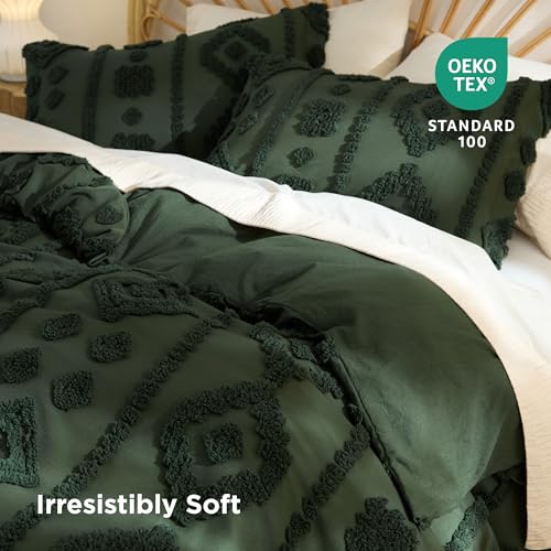 Bedsure Boho Duvet Cover Queen Size - Tufted Boho Bedding, Farmhouse-Style Distressed Vintage Embroidery Bedding for All Seasons, 3 Pieces, 1 Soft Jacquard Queen Comforter Cover and 2 Pillow Shams - color: 07 - Green Tufted (No Comforter), size: Queen (90