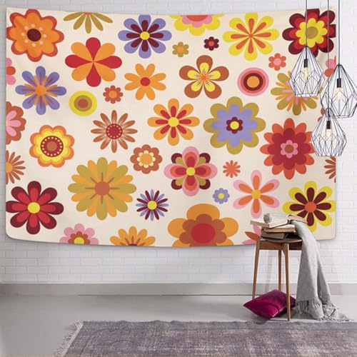 TOMPOP Tapestry 1960 Vintage Flowers 60S 70S Orange Hippie Home Decor Wall Hanging for Living Room Bedroom Dorm 60x80 Inches - size: 80"L x 60"W