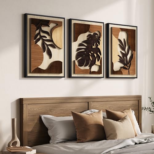 Framed Wood 3D Boho Textured Wall Art Bedroom, 3 Piece Tropical Botanical Carved Wooden Artwork for Walls, Brown Monstera Leaf Wood Wall Art Decor for Living Room Dining Room Home Office, 16x24 Inch - color: Brown, size: 16" W x 24" H x 3Pcs