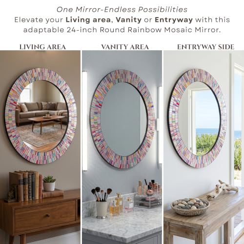 24" Round Rainbow Mosaic Wall Mirror, Multicolor Glass Tile Frame, Bohemian Decorative Accent Mirror for Living Room, Bathroom, Bedroom, Entryway, Wall Mount - color: Rainbow Multicolor