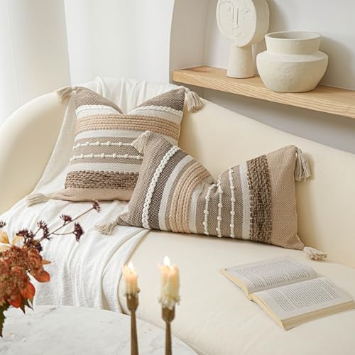 BlissBlush Boho Decorative Throw Pillow Cover 22x22 Square Brown Accent Pillowcase Tassels Farmhouse Cushion for Couch Sofa Bedroom Livingroom Home Décor Cover ONLY (Pack of 1) - color: Brown, size: 22" x 22" (Pack of 1)