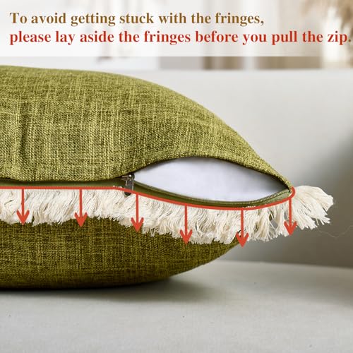 Green Faux Linen Throw Pillow Covers 18x18 Inch with Tassels Fringed Boho Farmhouse Decorative Pillowcases Rustic Woven Textured Burlap Cushion Covers for Couch Chair Sofa Bed Living Home Decor - color: Green, size: 18" x 18" (Pack of 2)