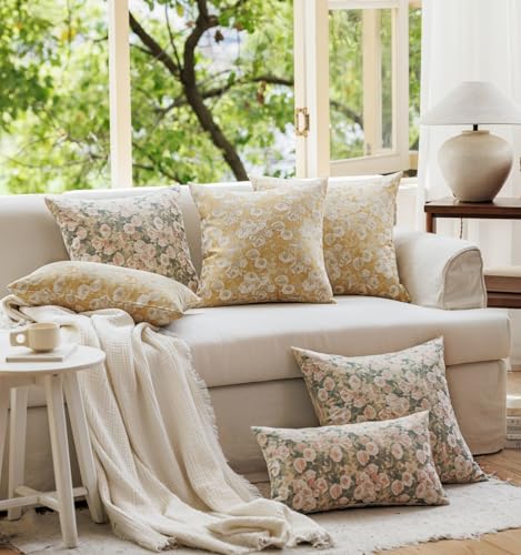 Spring Floral Woven Pattern Throw Pillow Cover Decorative Vintage Farmhouse Home Decor Textured Cushion Case for Couch Sofa Bed Living Room Bedroom (Green, 20x20 (Pack of 1)) - color: Green, size: 20" x 20" (Pack of 1)