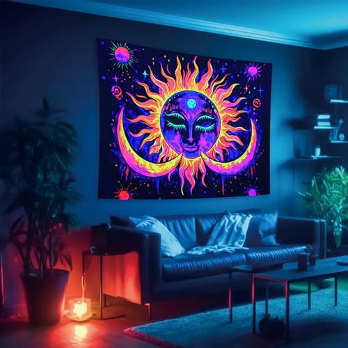 Starlit Patio Blacklight Tapestry UV Reactive Tapestries Sun Moon Wall Hanging Trippy Neon Glowing Tapestry for Bedroom Living Room Dorm Decor Aesthetic Hippie Art Boho Wall Bohemian Poster - color: Sun Moon