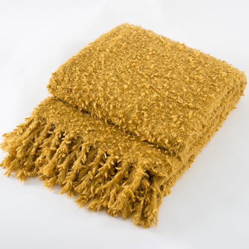 Winter Knit Throw Blanket Fluffy Fuzzy Soft Lightweight Cozy Farmhouse Tassels Chunky Knitted Throws for Couch Sofa Bed (Mustard Yellow, 50"x60") - color: Mustard Yellow, size: 50"x60"