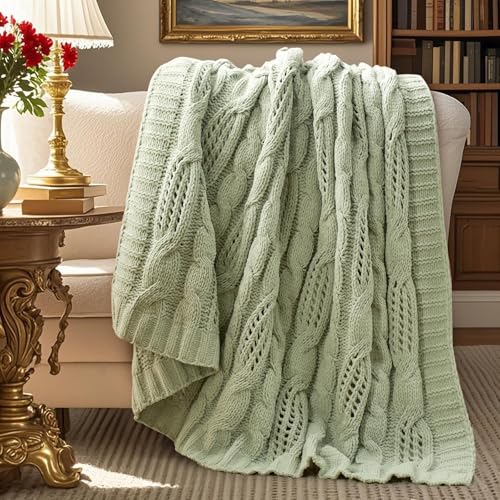 Amélie Home Chunky Knit Chenille Throw Blanket, Dual-Sided Soft Chenille Breathable Cable Knitted Blanket for Couch, Farmhouse Decorative Throw for Sofa & Chair, 60"x80", Sage Green - color: Sage Green, size: Cable Knit 60"x80"