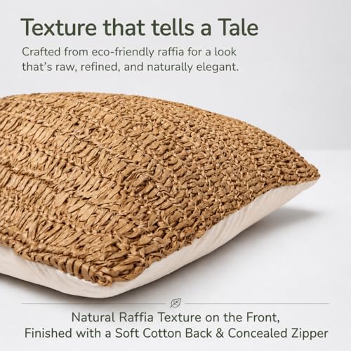 Raffia Hand Knitted Pillow Cover, 18x18 – Boho Decorative Cushion Cover for Couch, Sofa or Bed, Rustic Natural Throw Pillow Case