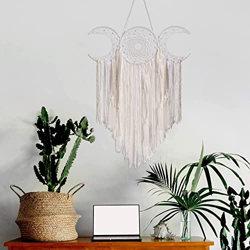 ANROYE White Triple Moon Goddess Macrame Wall Hanging, Boho Crescent Dream Catcher, Bohemian Dreamcatcher for Women Bedroom, Woven Tapestry-Witchcraft Gift, Pagan Decor for Adults Decoration - color: Lunar White