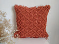 Rust Terracotta Macrame Throw Pillow Cover, Boho Textured Knitted Fringe Decorative Cushion Case, Diamond Lattice Woven Square Pillowcase for Sofa Couch Bedroom Farmhouse Home Decor, 18x18 Inch (Pillo
