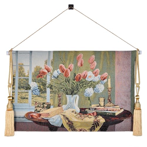 AureoMadis Vintage Floral Tapestry Wall Hanging Set with Telescopic Rod & Tassels - Jacquard Woven Fabric Aesthetic Flower Wall Tapestries for Bedroom/Living Room Decor Spring Botanical Art (42"x27") - color: Pastel - toned, flowers on a table scene
