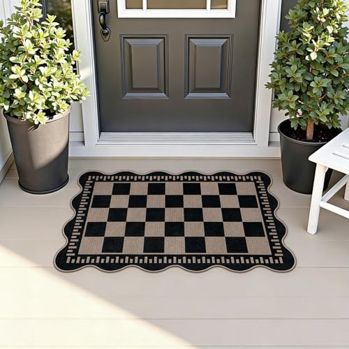 Checkered Easy Jute Entryway Rug, 2x3 Washable Non Slip Kitchen Rug, Indoor Outdoor Door Mat, Farmhouse Low Pile Floor Black Rugs for Porch Doorway - color: Black Checkered, size: 2'x3' (Rectangular)