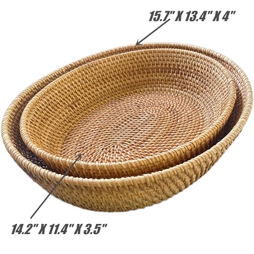 Large 14inch Oval Rattan Fruit Serving Basket,Wicker High Wall Fruit Vegetable Serving Basket Bowl,Large Rattan Dining Table Bowl for Various Things,Bread,Snack,Odds and Ends,Natural Brown - color: Brown(14.2"x11.5"x3.5")