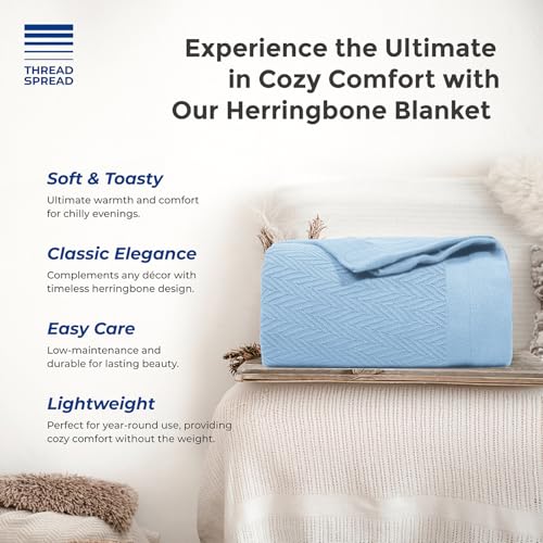 THREAD SPREAD 100% Pure Cotton, Luxury Twin/Twin XL Size Light Blue Blanket - Herringbone Pattern, Soft & Cozy Premium Fall Throw Blanket for All Seasons, 350 GSM & 68 x 92 with Free Tote Bag - color: Herringbone - Light Blue, size: Twin / Twin XL