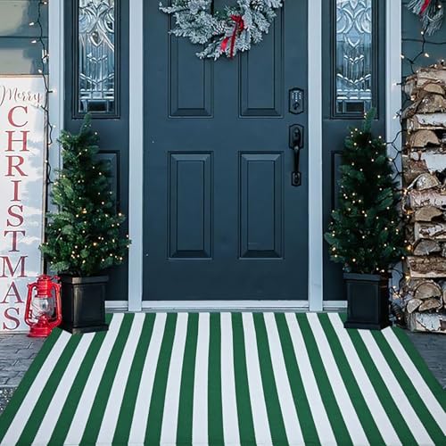 St. Patrick's Day Striped Outdoor Rug Green and White Spring Door Mat 3' x 5' Layered Welcome Mat for Farmhouse Spring Easter Front Porch Entryway Decor - color: Green and White, size: 3' x 5' (Rectangular)