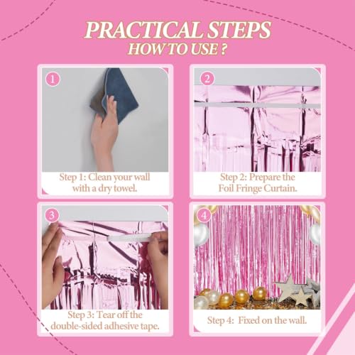 DECOCKRAT 3 Pack Foil Fringe Backdrop - Pink Shiny Tinsel Curtains for Party Decoration/Photo Booth Props - 3.3x8.2 FT Metallic Foil Backdrop for Birthday, Wedding, Graduation, Christmas. - color: Pink
